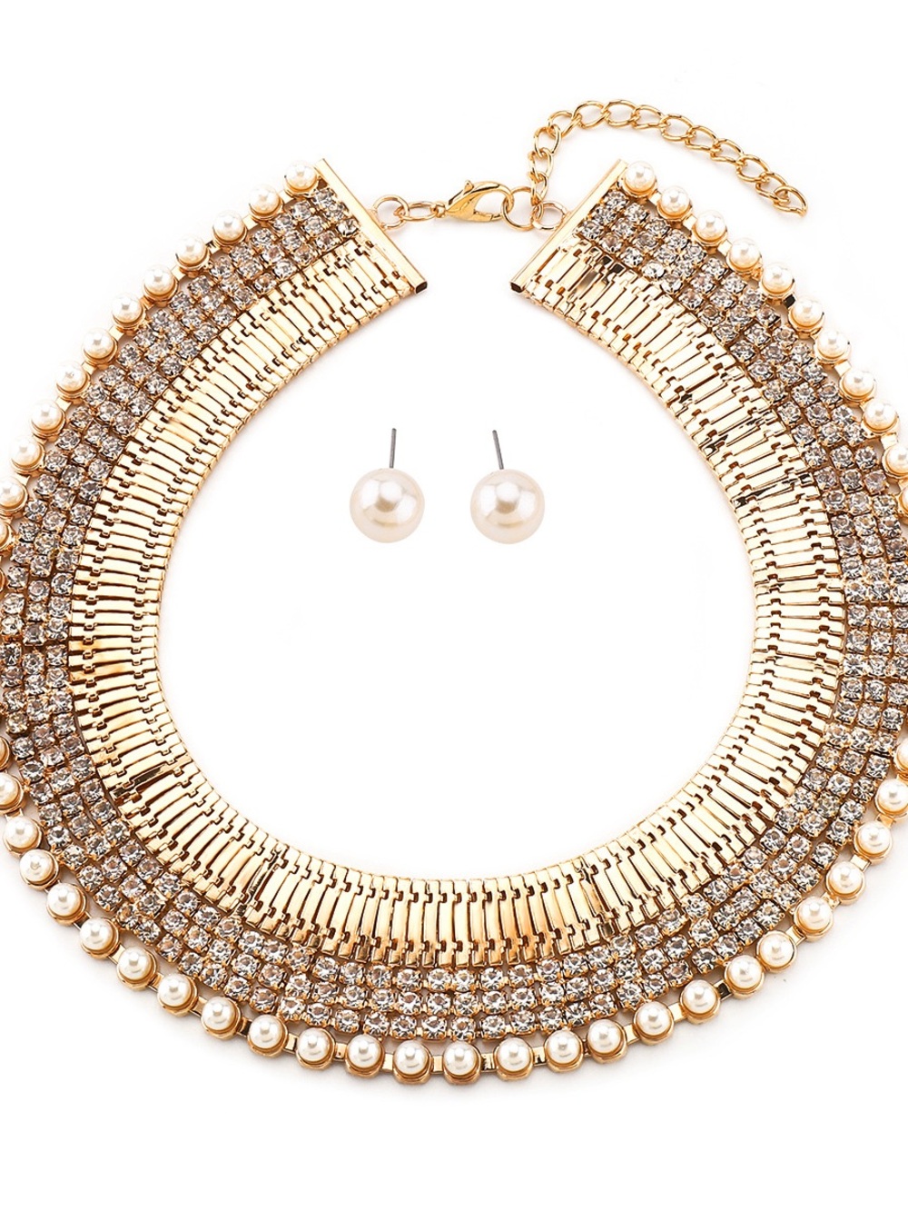 18K Gold Plated Pearl Crystal Collar Necklace Earrings Set Bridal Statement